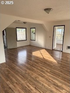 interior space featuring dark wood-style flooring, a healthy amount of sunlight, and a textured ceiling