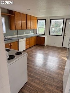 kitchen featuring white appliances, wood finished floors, light countertops, brown cabinets, and open shelves