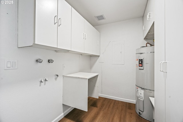 570 N Hayden Bay Dr, Portland, OR 97217 - laundry room with electric water heater, cabinet space, dark wood-style floors, baseboards, and electric panel
