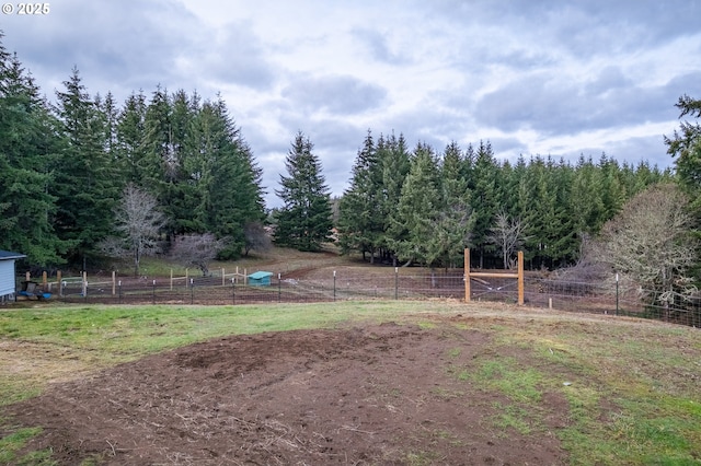 view of yard with fence and a rural view