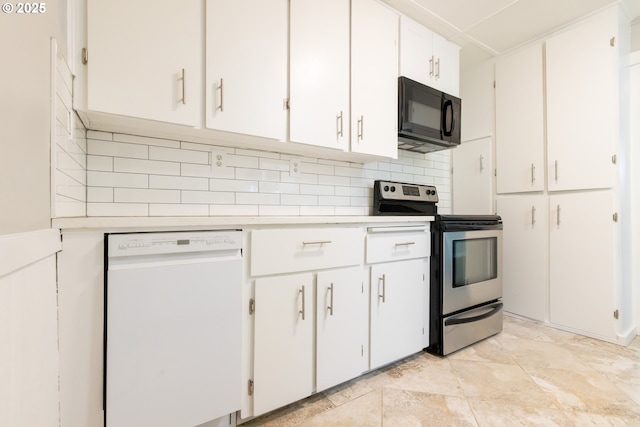207 N Maple St, Bingen, WA 98605 - kitchen featuring decorative backsplash, white dishwasher, stainless steel electric range oven, black microwave, and light countertops