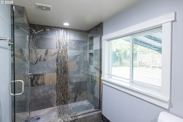 207 N Maple St, Bingen, WA 98605 - bathroom featuring recessed lighting, toilet, visible vents, and a shower stall