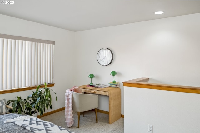 carpeted bedroom featuring baseboards and recessed lighting