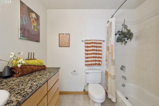 full bath with vanity, toilet, tile patterned floors, baseboards, and shower / bathtub combination with curtain
