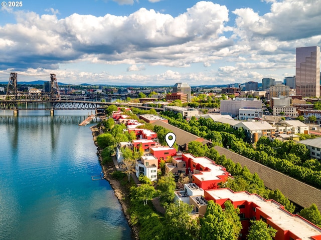 view of urban area featuring a notable bridge and a large body of water