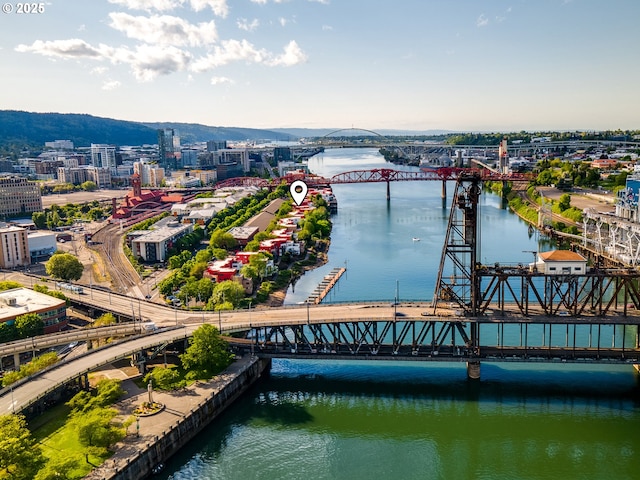 aerial view of a notable bridge and a nearby body of water
