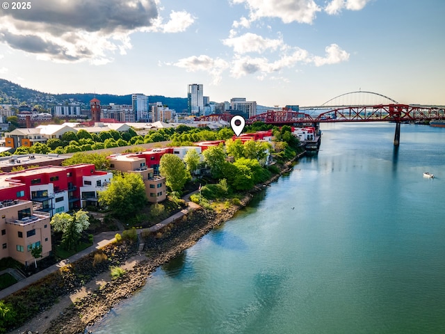 view of urban area featuring a notable bridge and a large body of water