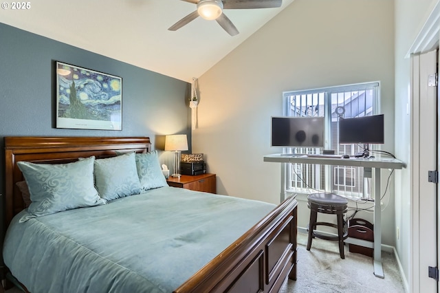 16070 SW Mason Ln, Beaverton, OR 97006 - bedroom featuring carpet, high vaulted ceiling, baseboards, and ceiling fan