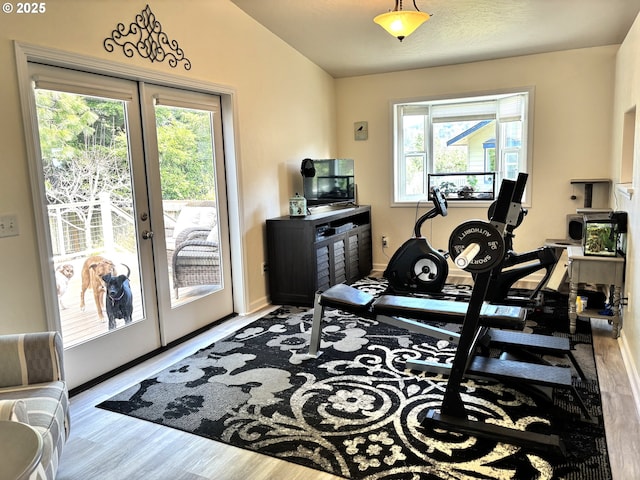 6759 Jasmine Ct, Brookings, OR 97415 - workout area with french doors, baseboards, wood finished floors, and lofted ceiling