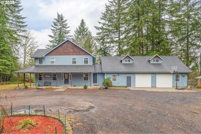 view of front facade with an attached garage, a porch, a shingled roof, and dirt driveway