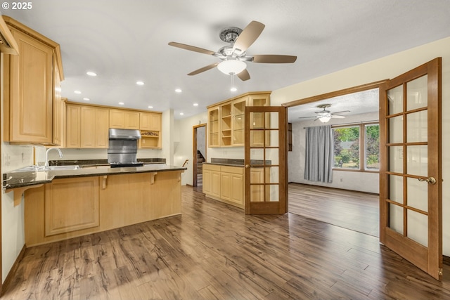 14428 NE Failing St, Portland, OR 97230 - kitchen with under cabinet range hood, light brown cabinets, a peninsula, recessed lighting, and dark wood-type flooring