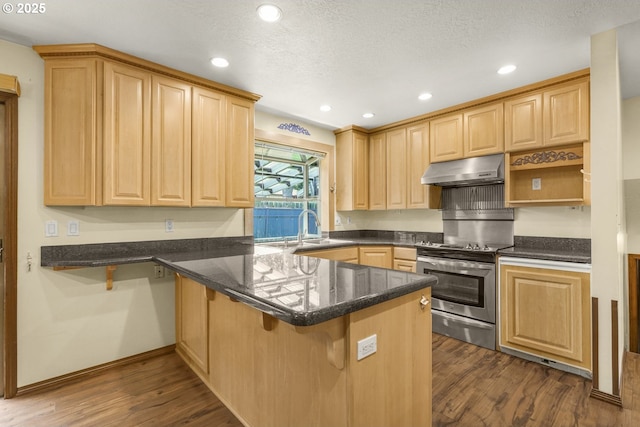 14428 NE Failing St, Portland, OR 97230 - kitchen featuring under cabinet range hood, stainless steel range with electric cooktop, a peninsula, dark wood finished floors, and light brown cabinets