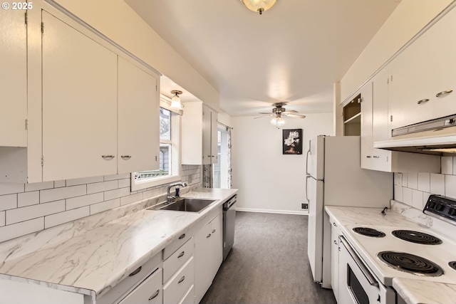 kitchen featuring sink, electric range, tasteful backsplash, white cabinets, and stainless steel dishwasher