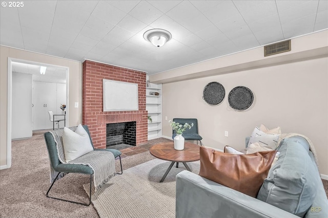 513 SE 103rd Ave, Vancouver, WA 98664 - carpeted living area with a brick fireplace, built in features, and baseboards