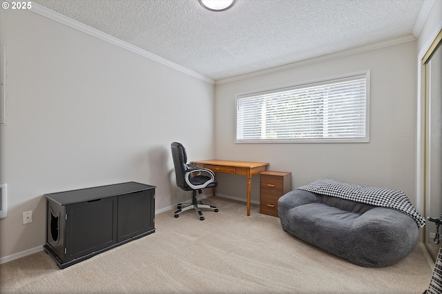 office area featuring light carpet, crown molding, a textured ceiling, and baseboards