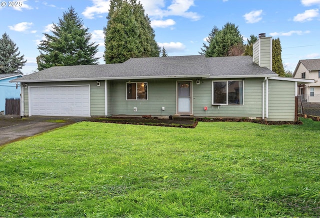 single story home with a front lawn, roof with shingles, a chimney, driveway, and an attached garage