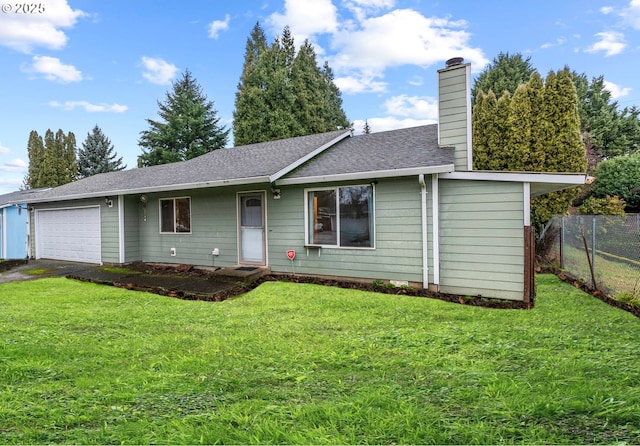 ranch-style house featuring a front lawn, a chimney, an attached garage, and fence