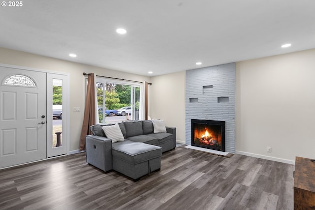 4220 SE 130th Ave, Portland, OR 97236 - living area featuring wood finished floors, recessed lighting, and a large fireplace