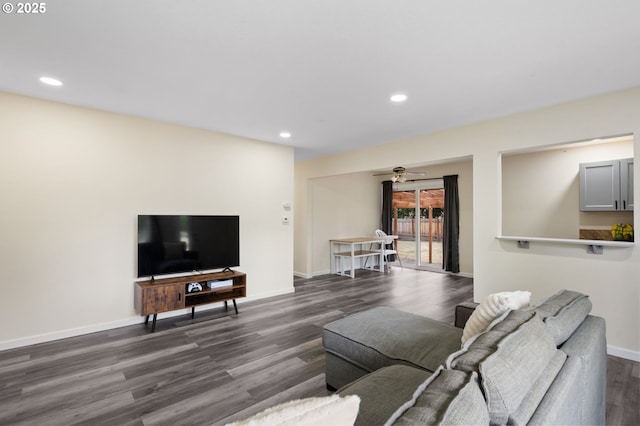 4220 SE 130th Ave, Portland, OR 97236 - living area with dark wood-style floors, recessed lighting, and ceiling fan
