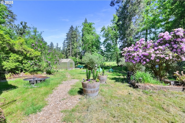 view of yard featuring a greenhouse and an outbuilding