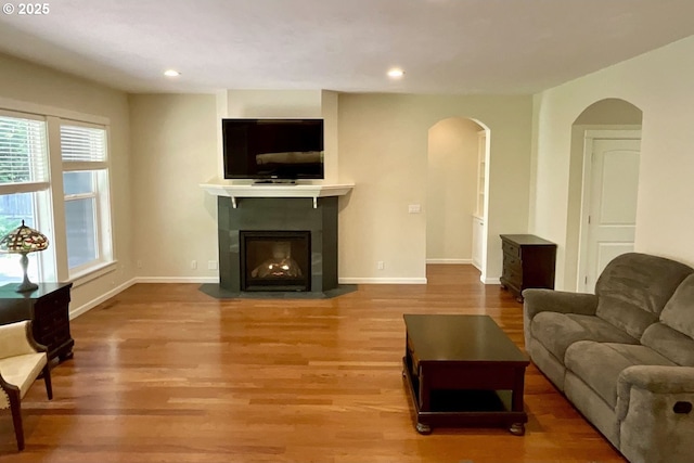 419 Salty Way, Eugene, OR 97404 - living area featuring arched walkways, wood finished floors, baseboards, a fireplace with flush hearth, and recessed lighting