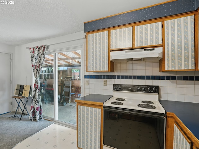 6103 SE 83rd Ave, Portland, OR 97266 - kitchen featuring electric stove, under cabinet range hood, dark countertops, decorative backsplash, and a textured ceiling