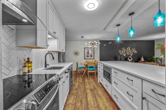 2393 SW Park Pl Unit 113, Portland, OR 97205 - kitchen with appliances with stainless steel finishes, ventilation hood, a sink, a textured ceiling, and white cabinetry