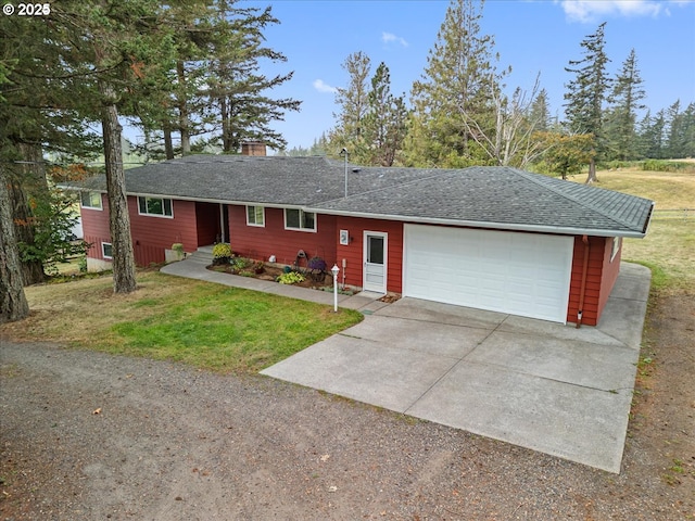 single story home with a front yard, a shingled roof, an attached garage, a chimney, and concrete driveway