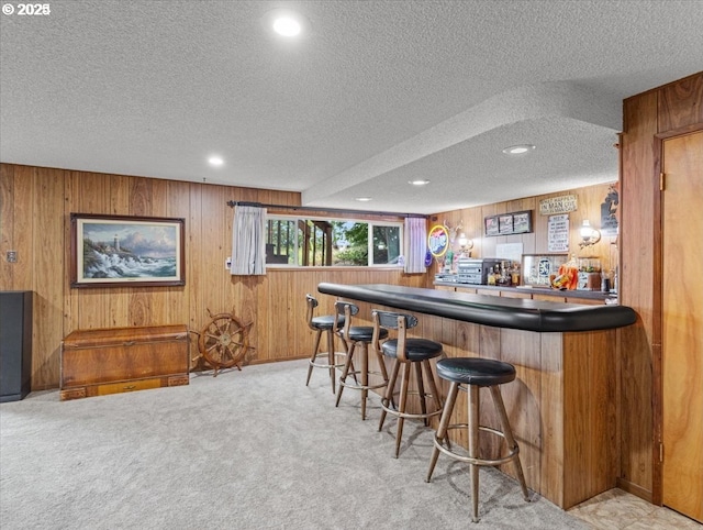 bar featuring indoor bar, carpet floors, a textured ceiling, and wooden walls