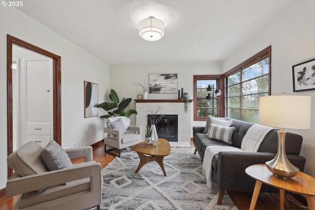 living area with a glass covered fireplace, wood finished floors, and baseboards