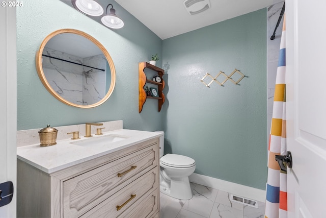 6696 Doral Dr SE, Salem, OR 97306 - full bathroom featuring vanity, marble look tiles, toilet, baseboards, and curtained shower