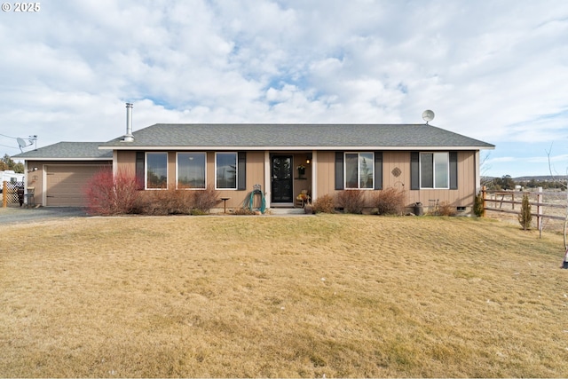 single story home featuring a garage and a front lawn