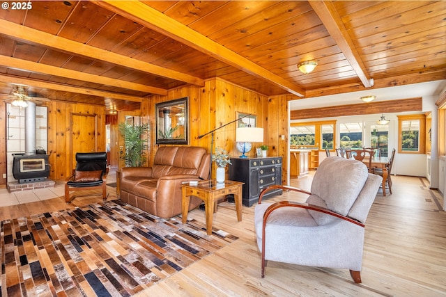 living room featuring wood ceiling, light hardwood / wood-style flooring, wooden walls, beamed ceiling, and a wood stove