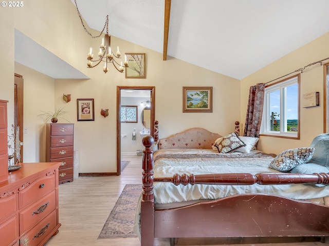 91196 Youngs River Rd, Astoria, OR 97103 - bedroom featuring a chandelier, light wood finished floors, connected bathroom, and high vaulted ceiling