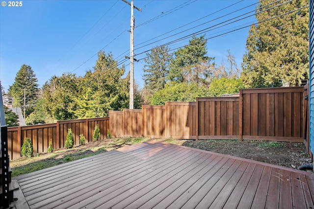 wooden deck with a fenced backyard