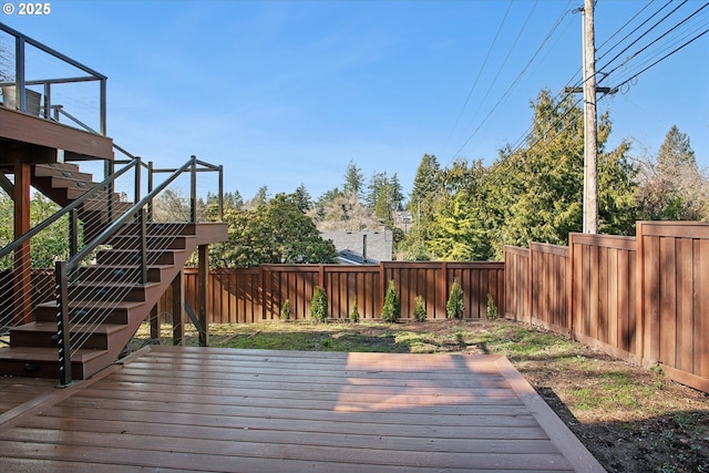 wooden deck featuring a fenced backyard and stairs
