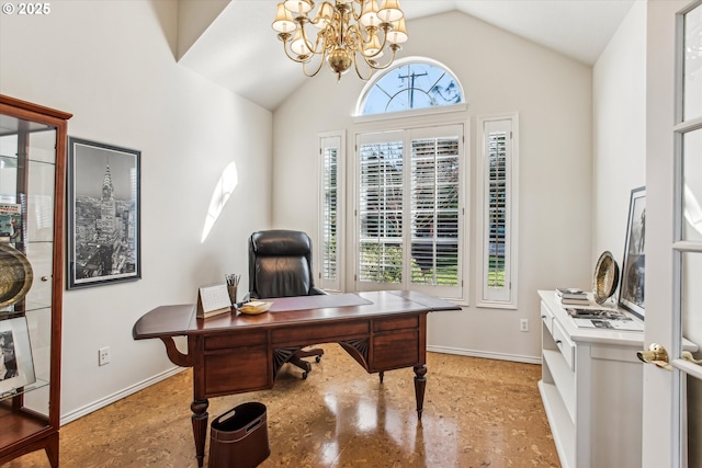 office space featuring vaulted ceiling, baseboards, and an inviting chandelier