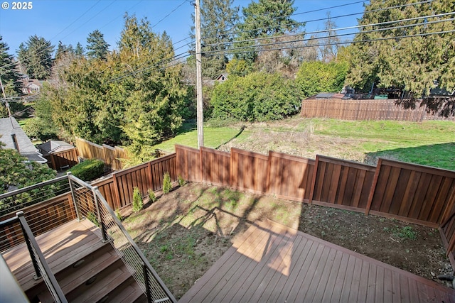 wooden terrace featuring a fenced backyard and a yard