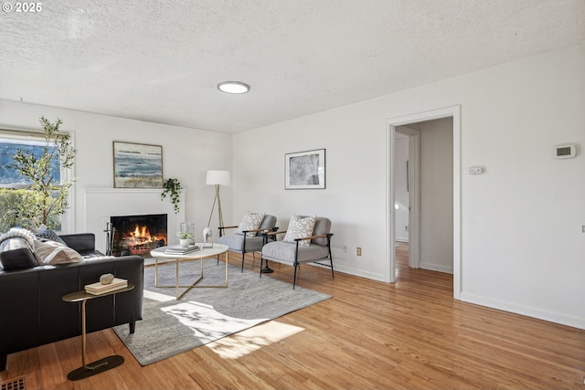 living room with hardwood / wood-style floors and a textured ceiling