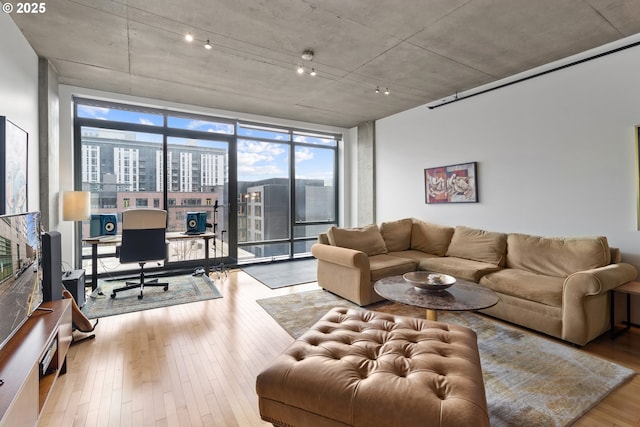 living room featuring expansive windows, wood finished floors, and a city view