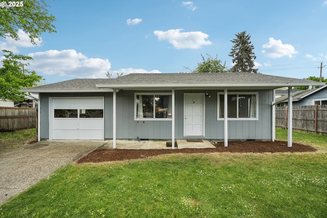 single story home with a front yard, driveway, an attached garage, and fence