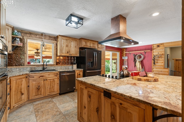 73594 Davis Ln, Pendleton, OR 97801 - kitchen featuring black appliances, wall chimney range hood, a sink, a textured ceiling, and light stone countertops
