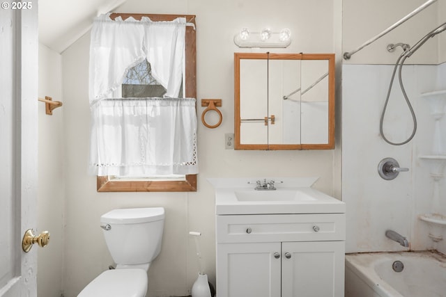 bathroom with toilet, shower / bathtub combination, and vanity