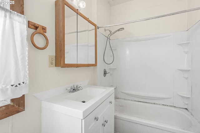 bathroom featuring vanity and shower / bathtub combination with curtain