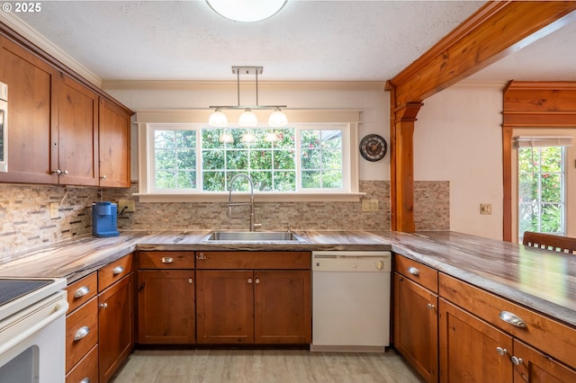 kitchen with a sink, a healthy amount of sunlight, brown cabinets, and dishwasher