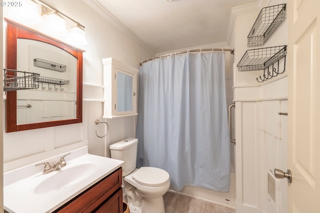 full bath with a shower with shower curtain, ornamental molding, toilet, and vanity