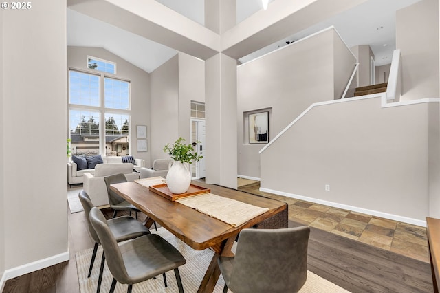 dining room featuring high vaulted ceiling and hardwood / wood-style floors