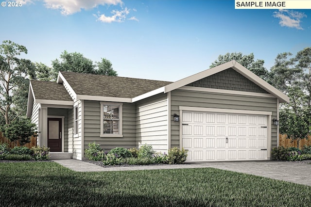 ranch-style home with driveway, a shingled roof, a garage, and a front lawn