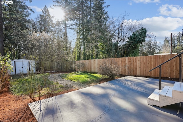 view of patio / terrace with a storage shed