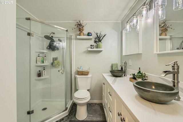 8413 NE Lewis Dr, Vancouver, WA 98662 - full bath featuring a shower stall, tile patterned flooring, toilet, double vanity, and crown molding